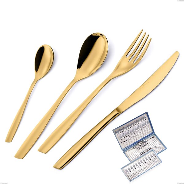 75-Piece Cutlery Set in Gift Case Eleven PVD Gold, Polished 18/10 Stainless Steel, 2.5 mm Thickness, Gold PVD