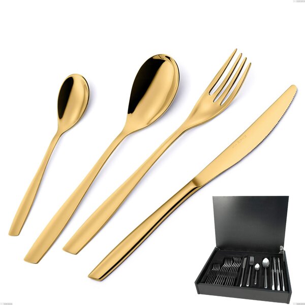 24-Piece Cutlery Set in Wooden Case Eleven PVD Gold, Polished 18/10 Stainless Steel, 2.5 mm Thickness, Gold PVD