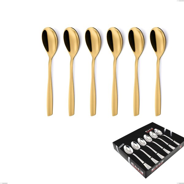 Set of 6 Eleven PVD Gold Coffee Spoons in Display Box, Polished 18/10 Stainless Steel, 2.5 mm Thickness, Gold PVD