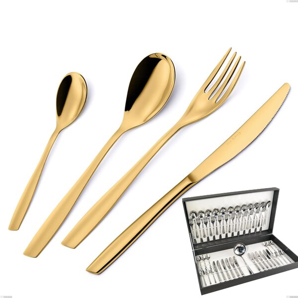 Eleven PVD Gold Cutlery Set 49 Pieces in Canteen Box, Polished 18/10 Stainless Steel, 2.5 mm Thickness, Gold PVD