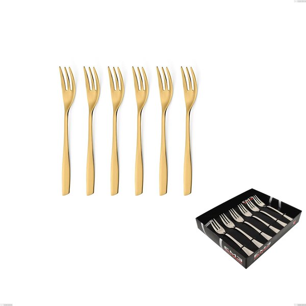 Set of 6 Eleven PVD Gold Dessert Forks in Display Case, Polished 18/10 Stainless Steel, 2.5 mm Thickness, Gold PVD