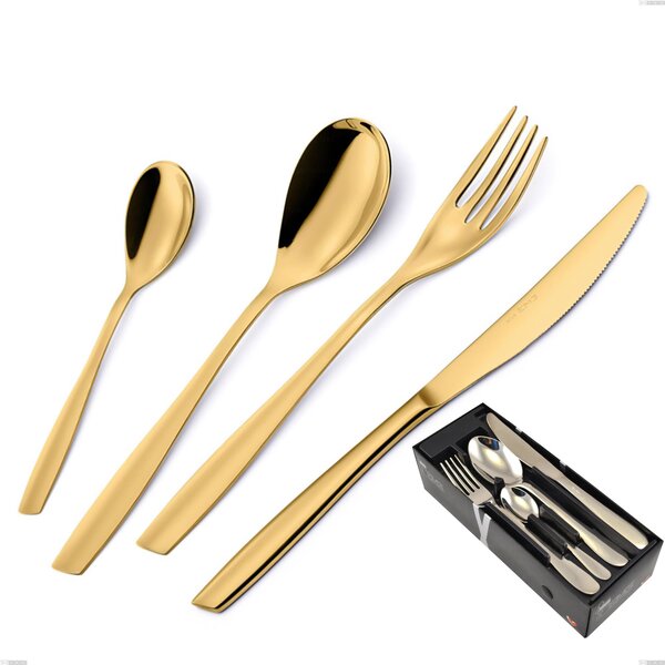 24-Piece Eleven PVD Gold Cutlery Set in Space-Saving Packaging, Polished 18/10 Stainless Steel, 2.5 mm Thickness, Gold PVD