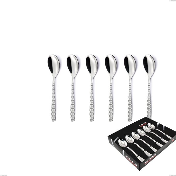 Set of 6 Eleven Exa Coffee Spoons in Display Case, Aisi 304 Stainless Steel Polished with Laser Design, 2.5mm Thickness