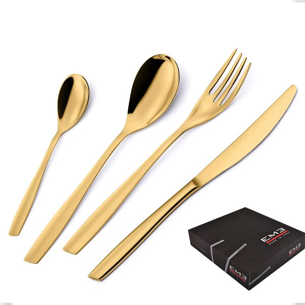 Eleven PVD Gold 49-Piece Cutlery Set in Gift Box, Polished 18/10 Stainless Steel, 2.5 mm Thickness, Gold PVD