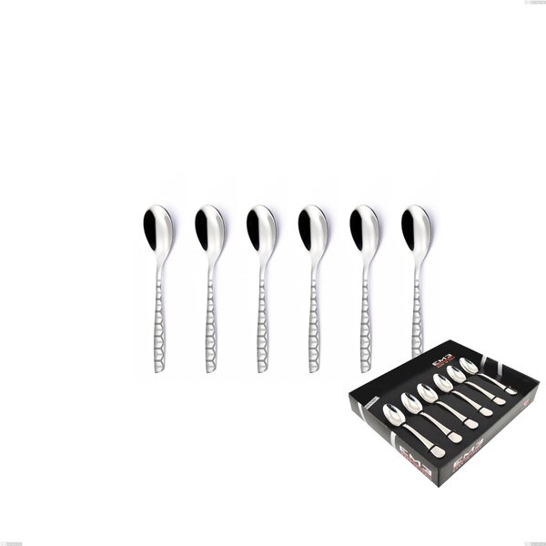 Set of 6 Moka Spoons Eleven Exa in Display Box, Stainless Steel Aisi 304 Polished with Laser Design, 2.5mm Thickness