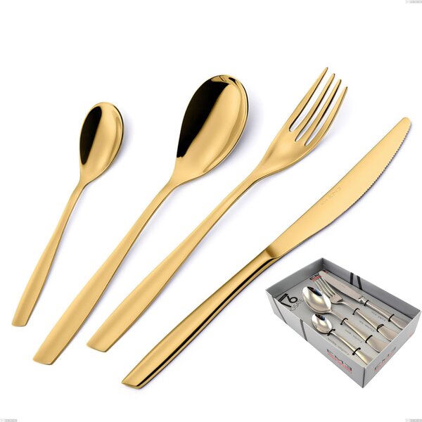 Sixteen Piece Cutlery Set Eleven PVD Gold in Showcase Packaging, Polished 18/10 Stainless Steel, 2.5 mm Thickness, Gold PVD