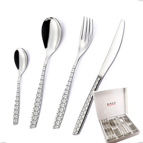 24-Piece Cutlery Set Eleven Exa in Box, AISI 304 Stainless Steel Polished with Laser Design, 2.5mm Thickness