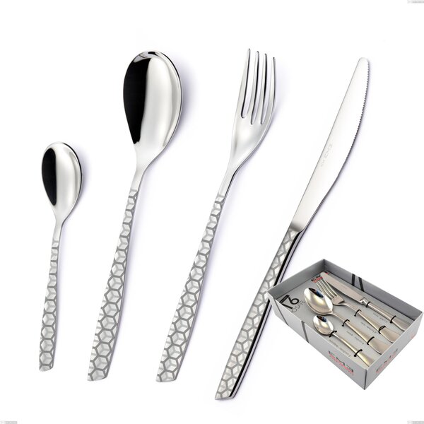 16-Piece Eleven Exa Cutlery Set in Showcase Packaging, AISI 304 Polished Stainless Steel with Laser Design, 2.5mm Thickness