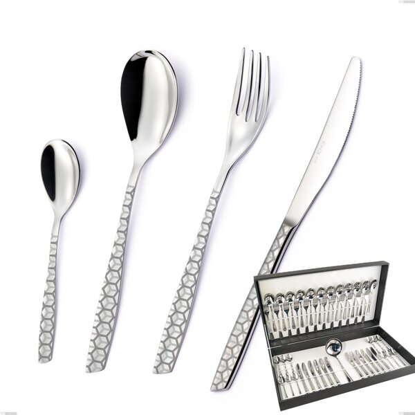 49-Piece Cutlery Set Eleven Exa in Canteen Box, Stainless Steel AISI 304 Polished Steel with Laser Design, 2.5mm Thickness