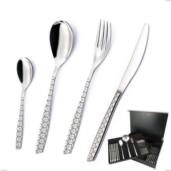 75-Piece Eleven Exa Cutlery Set in Wooden Canteen Box, AISI 304 Stainless Steel Polished with Laser Design, 2.5mm Thickness