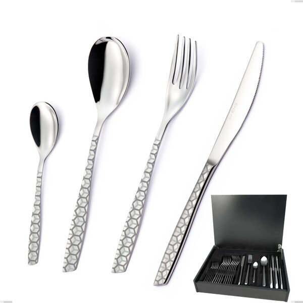 24-Piece Cutlery Set Eleven Exa in Wooden Canteen Box, AISI 304 Polished Stainless Steel with Laser Design, 2.5mm Thickness
