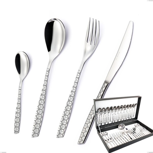 51-Piece Eleven Exa Cutlery Set in Canteen Box, AISI 304 Stainless Steel Polished with Laser Design, 2.5mm Thickness