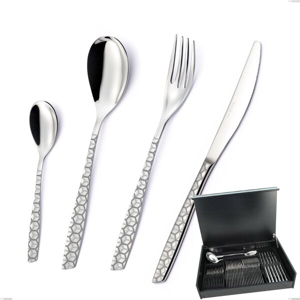 51-Piece Cutlery Set Eleven Exa in Wooden Canteen Box, Stainless Steel AISI 304 Polished Steel with Laser Design, 2.5mm Thickness