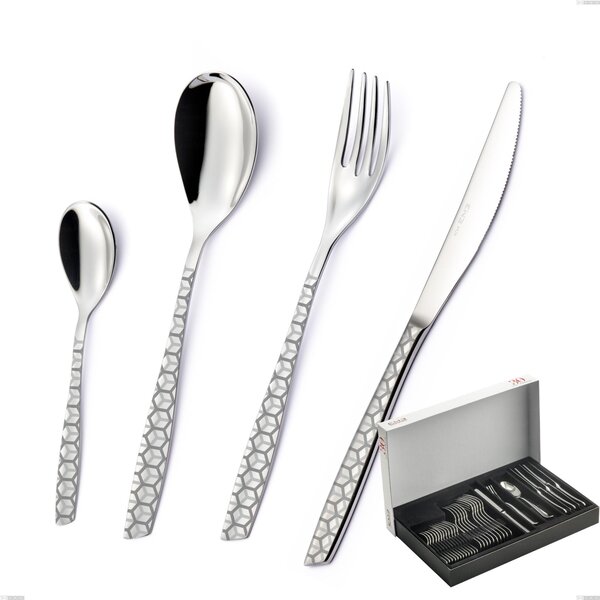 30-Piece Cutlery Set Eleven Exa in Panoramic Packaging, Aisi 304 Stainless Steel Polished with Laser Design, 2.5mm Thickness
