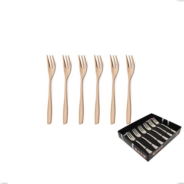Set of 6 Eleven Rose Burnished Glossy Dessert Forks in Display Case, Stainless Steel 18/10 (AISI 304), 2.5 mm Thickness