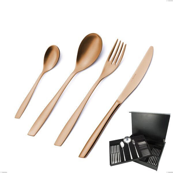 75-Piece Cutlery Set in Wooden Case Eleven Rose Burnished Polished, Stainless Steel 18/10 (AISI 304), 2.5 mm Thickness