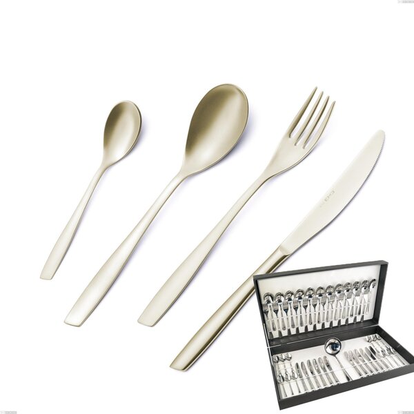 Eleven PVD Champagne 49 Piece Cutlery Set in Canteen Box, Sandblasted 18/10 Stainless Steel, 2.5 mm Thickness, Champagne PVD