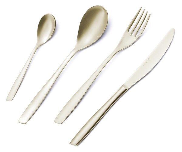 30-Piece Eleven PVD Champagne Cutlery Set in Panoramic Packaging, Sandblasted 18/10 Stainless Steel, 2.5 mm Thickness, PVD Champagne