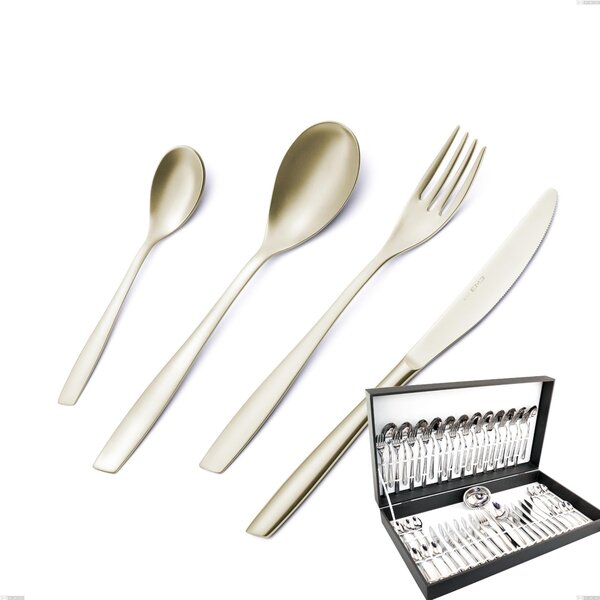 Eleven PVD Champagne 51-piece cutlery set in canteen box, 18/10 sandblasted stainless steel, 2.5 mm thickness, PVD champagne