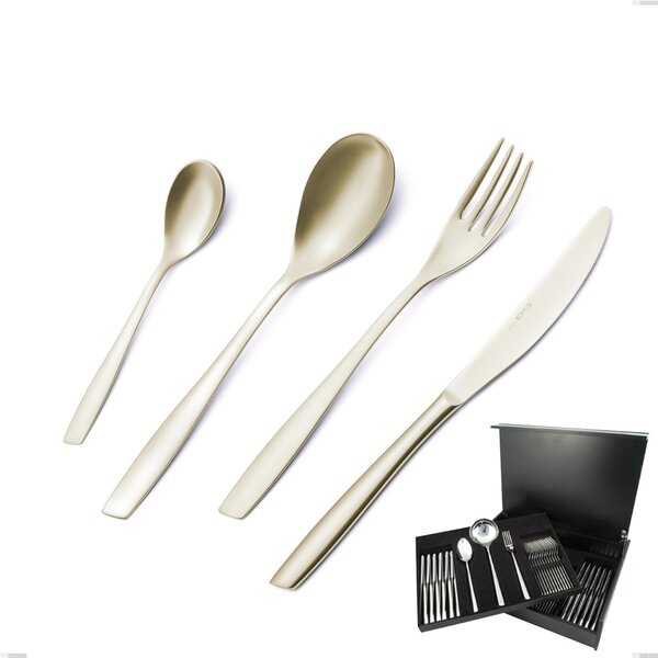 75-Piece Cutlery Set in Wooden Case Eleven PVD Champagne, 18/10 Sandblasted Stainless Steel, 2.5 mm Thickness, PVD Champagne