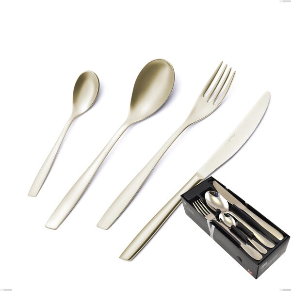 24-Piece Eleven PVD Champagne Cutlery Set in Space-Saving Packaging, Sandblasted 18/10 Stainless Steel, 2.5 mm Thickness, PVD Champagne