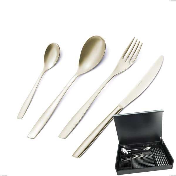 51-Piece Cutlery Set in Wooden Case Eleven PVD Champagne, Sandblasted 18/10 Stainless Steel, 2.5 mm Thickness, PVD Champagne