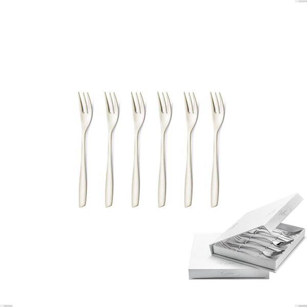 Eleven PVD Champagne Set of 6 Dessert Forks in Book-style Box, Sandblasted 18/10 Stainless Steel, 2.5 mm Thickness, PVD Champagne