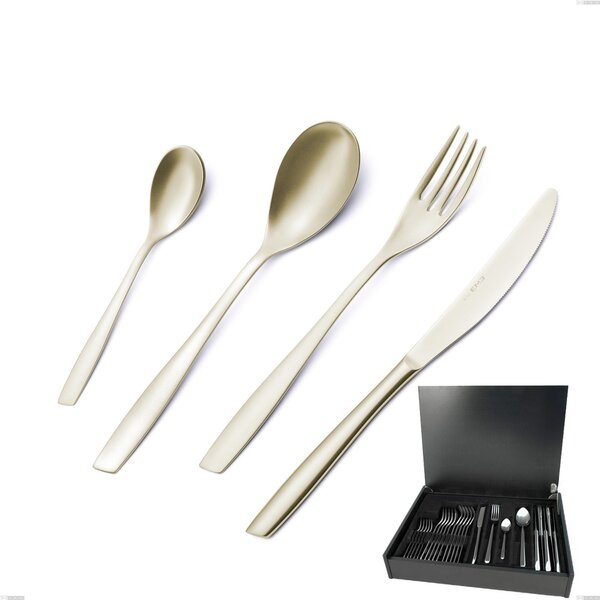 24-Piece Cutlery Set in Wooden Case Eleven PVD Champagne, 18/10 Sandblasted Stainless Steel, 2.5 mm Thickness, PVD Champagne