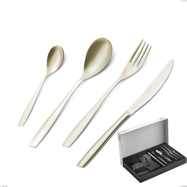 30-Piece Eleven PVD Champagne Cutlery Set in Panoramic Packaging, Sandblasted 18/10 Stainless Steel, 2.5 mm Thickness, PVD Champagne