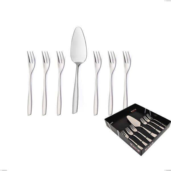 Set of 7 Dessert Cutlery, Small Forks and Cake Server Eleven Sandblasted in Display Box, Brushed Stainless Steel 18-10 Eleven Sandblasted
