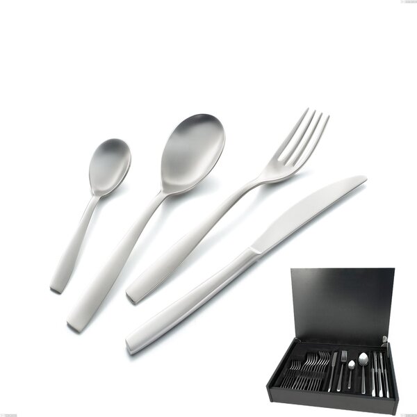 24-Piece Eleven Sandblasted Cutlery Set in Wooden Case, 18-10 Brushed Stainless Steel