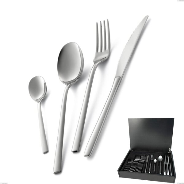 Fashion 24-piece cutlery set in wooden case, polished 18/10 AISI 304 stainless steel, 3 mm thickness