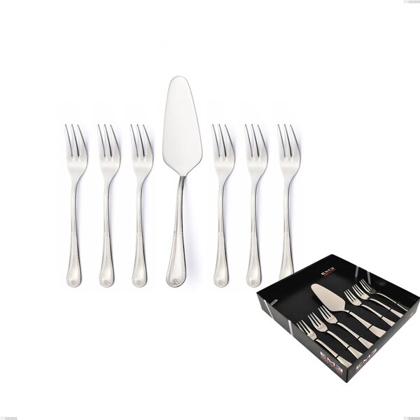 Set of 7 Dessert Cutlery, Small Forks and Cake Server Firenze in Display Case, Stainless Steel 18.10 (Aisi304), Thickness 2.5 mm