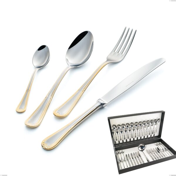 Firenze Oro 49-Piece Cutlery Set in Gift Case, Stainless Steel 18-10, 24 Carat Gold, 2.5 mm Thickness