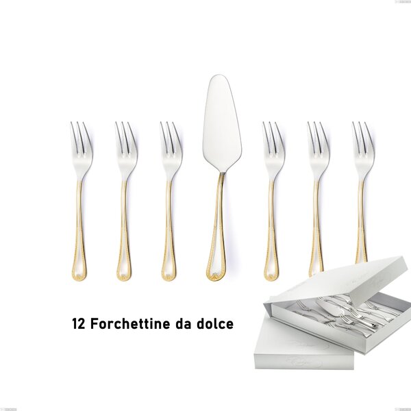 Set of 13 Dessert Cutlery, Small Forks and Cake Server Firenze oro in Book-style Case, 18-10 Stainless Steel, 24 Carat Gold, 2.5 mm Thickness Firenze oro