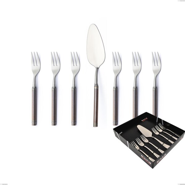 Fuoco Dessert Cutlery Set, 7 Pieces Including Small Forks and Cake Server, Display Box, Stainless Steel 18.10 (AISI304)