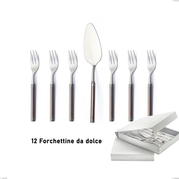 Fuoco 13-piece dessert cutlery set, including small forks and cake server, presented in a book-style case, Stainless Steel 18.10 (AISI304)