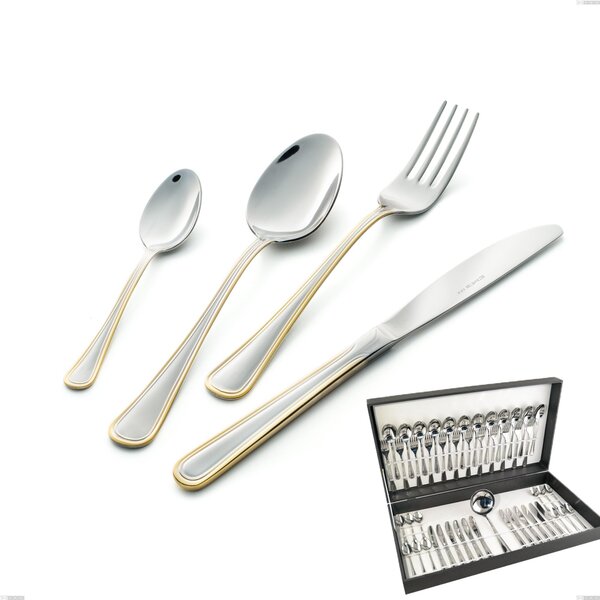 Galles oro 49-piece cutlery set in canteen box, economical knife, 18-10 stainless steel, 24-carat polished gold, 2 mm thickness