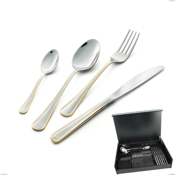 51-Piece Cutlery Set in Wooden Case, Galles oro, Economical Knife, 18-10 Stainless Steel, 24 Carat Polished Gold, 2 mm Thickness
