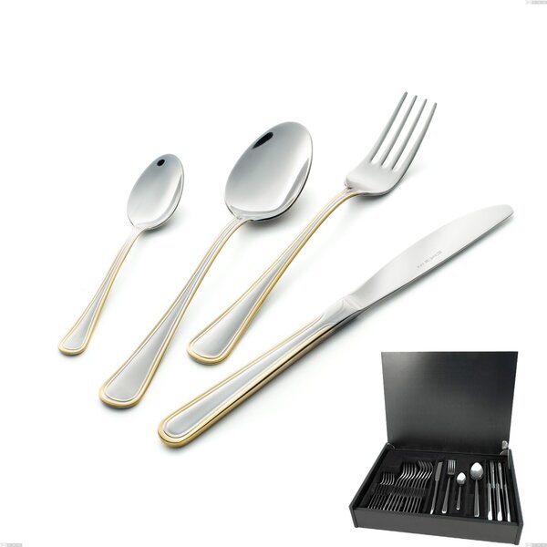 Galles oro 24-piece cutlery set in wooden case, 18-10 stainless steel, polished 24-carat gold, 2mm thickness