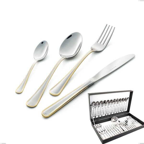 Galles oro 51-piece cutlery set in canteen box, economical knife, 18-10 steel, polished 24-carat gold, 2 mm thickness