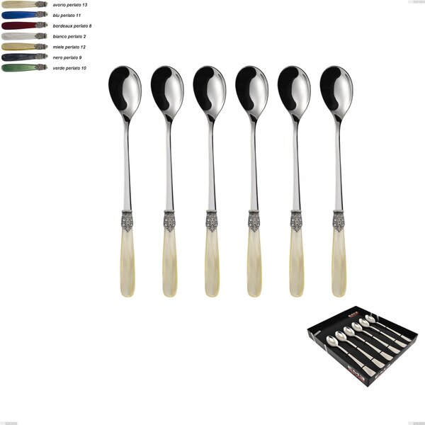 Showcase Box 6 Pieces Georgian Beverage Spoons, 18/10 AISI 304 Polished Stainless Steel with Pearlised Acrylic Handle, Name: Georgian