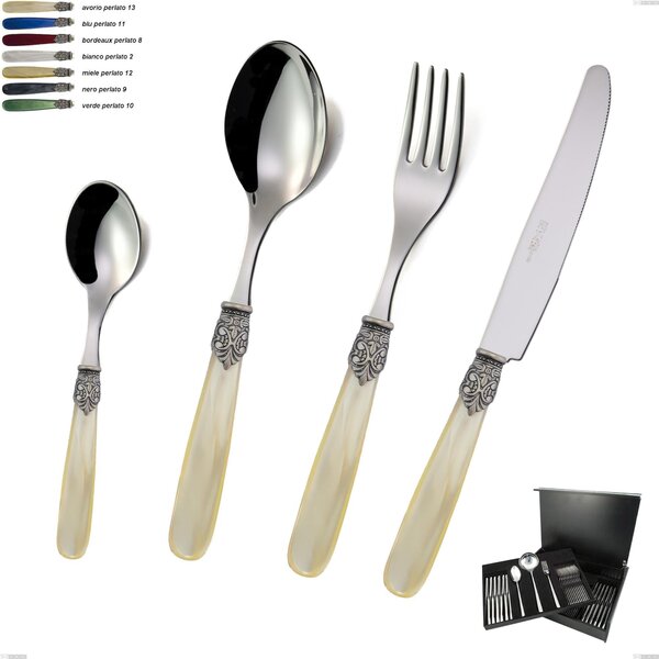 75-Piece Georgian Cutlery Set in Wooden Case, Polished 18/10 AISI 304 Stainless Steel with Pearly Acrylic Handle