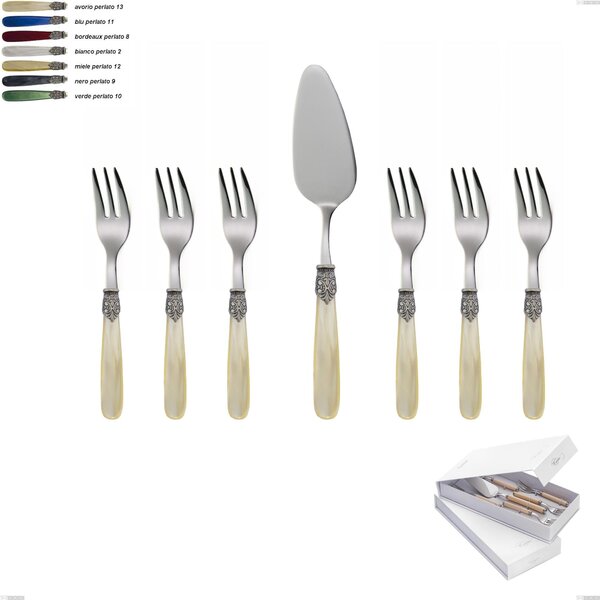 Georgian 7-piece dessert cutlery set, small forks and cake server in book-style box, Polished 18/10 AISI 304 stainless steel with pearlescent acrylic handle