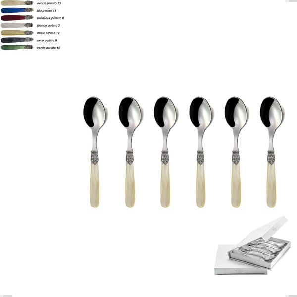 Set of 6 Georgian Coffee Spoons in Book-style Box, Polished AISI 304 18/10 Stainless Steel with Pearly Acrylic Handle