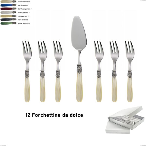 Georgian 13-piece dessert cutlery set, small forks and cake server in book-style box, 18/10 AISI 304 polished stainless steel with pearl acrylic handle