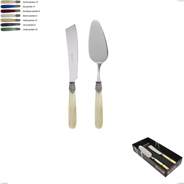 Georgian 2 Piece Showcase Set, Serving Spoon and Cake Knife, 18/10 AISI 304 Polished Stainless Steel with Pearly Acrylic Handle