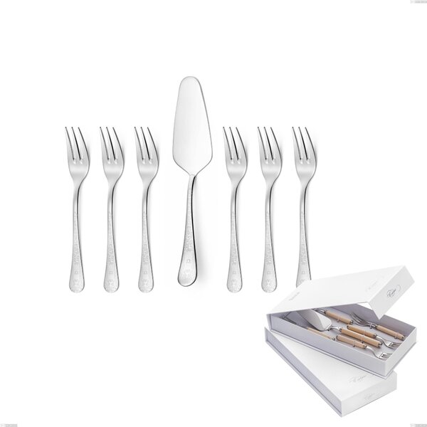 Hermitage 7 Piece Dessert Cutlery Set, Small Forks and Cake Server in Book-style Box, Polished Stainless Steel 18.10 (AISI304), 2.5 mm Thickness