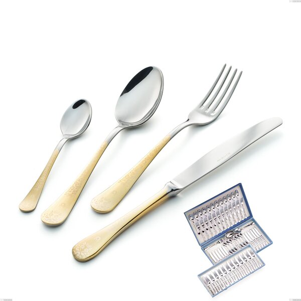 Hermitage Gold 75-Piece Cutlery Set in Gift Case, Stainless Steel 18-10, 24-Carat Polished Gold, 2.5mm Thickness