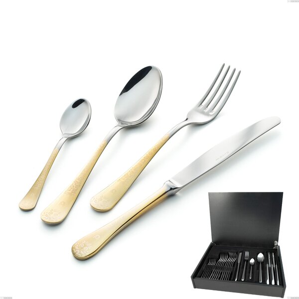 Hermitage Gold 24-Piece Cutlery Set in Wooden Case, 18-10 Stainless Steel, 24 Carat Polished Gold, 2.5 mm Thickness